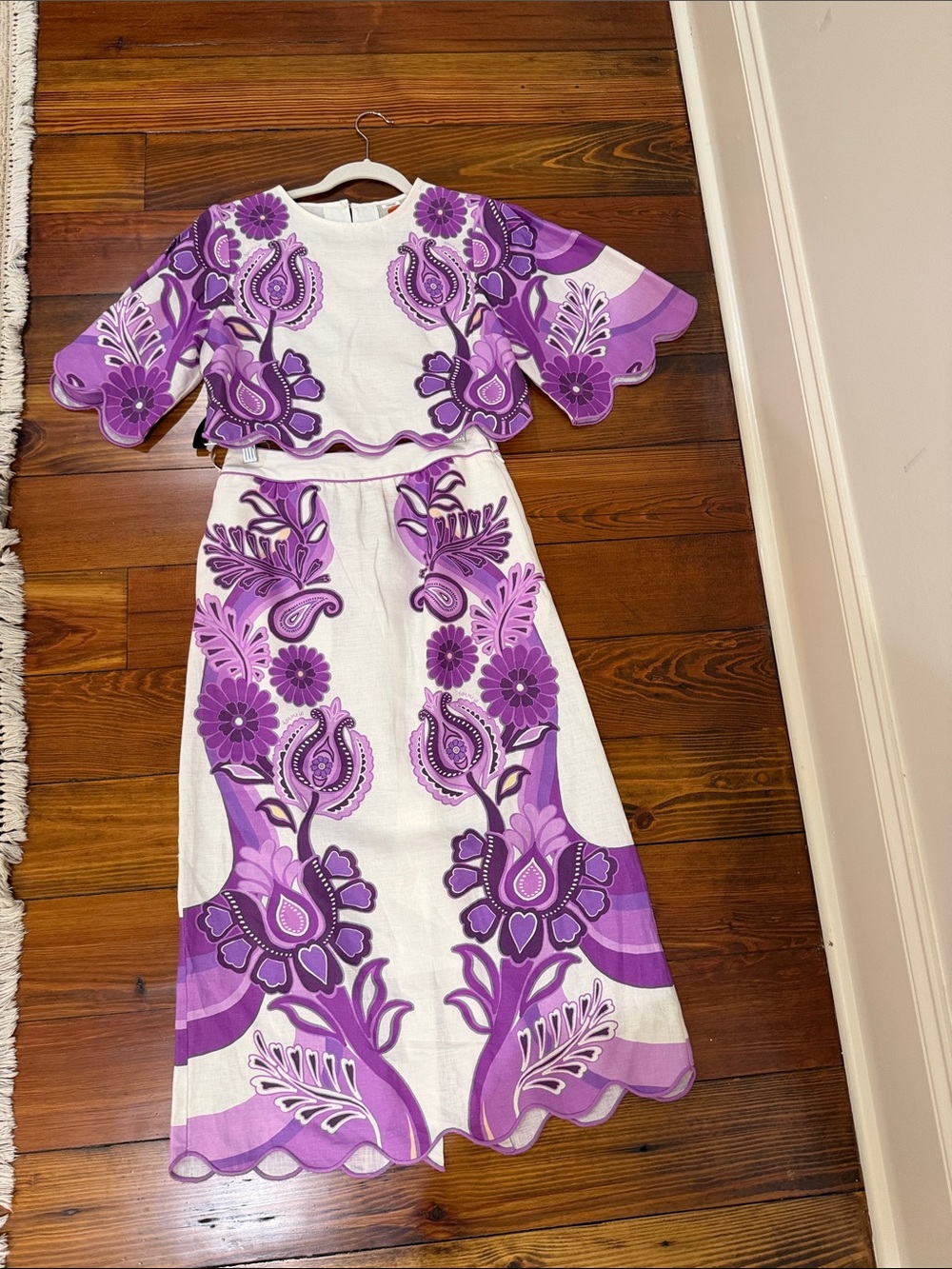 FARM Rio White and Purple Floral Embroidered Two-Piece Skirt Set
